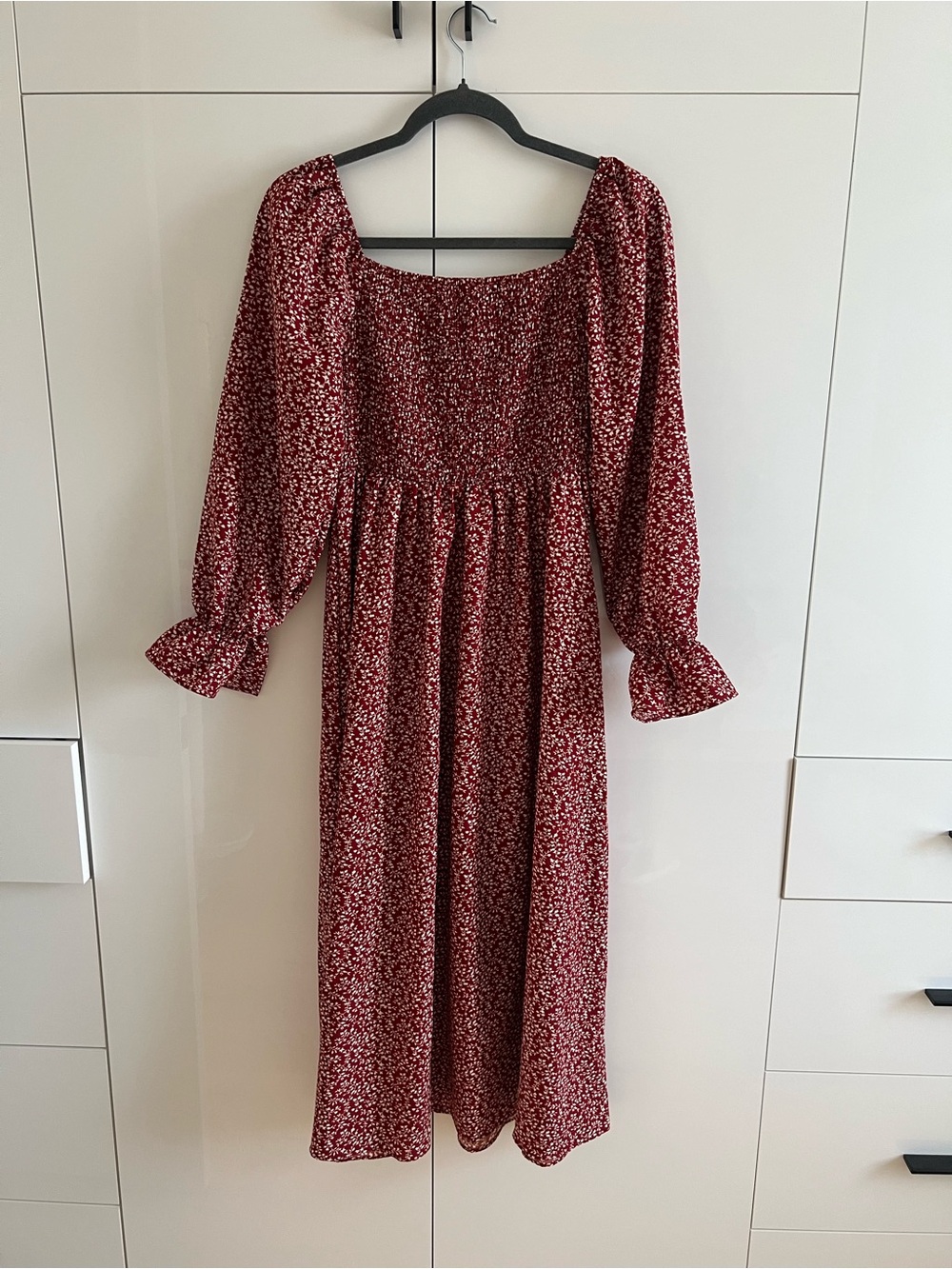 SHEIN Burgundy Floral Square-Neck Long Sleeve Midi Dress